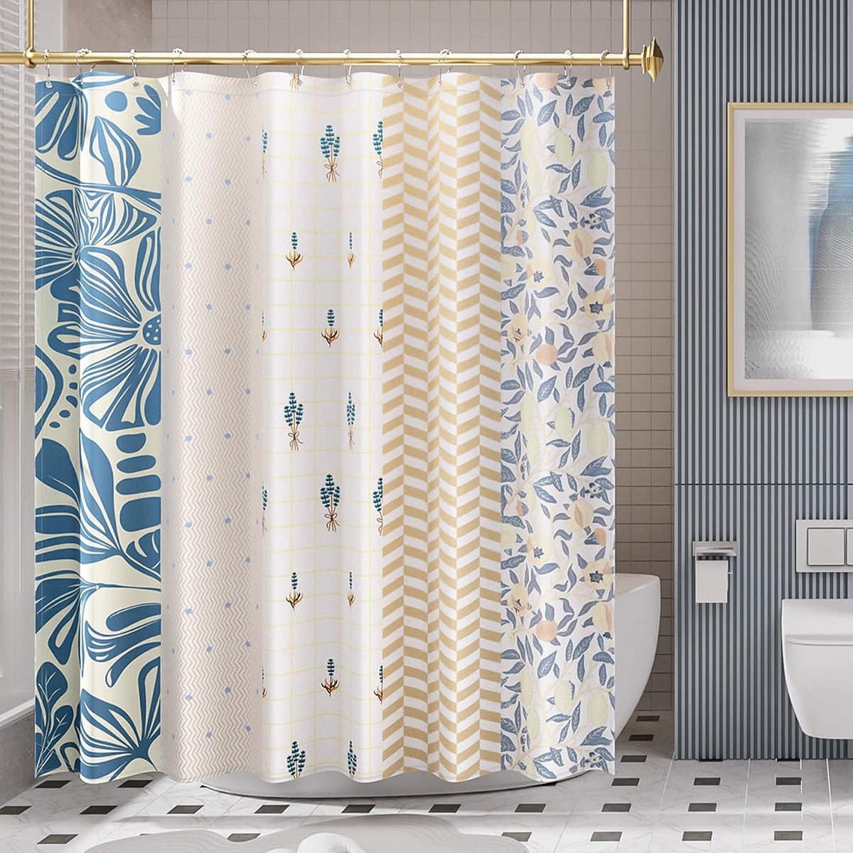 Shower Curtain, Washable Cloth Black Shower Curtain Sets with 12 Shower Curtain Hooks, Fabric Rustic Black and White Striped Curtain, Farmhouse Bathroom Curtains, 72x72 Inches