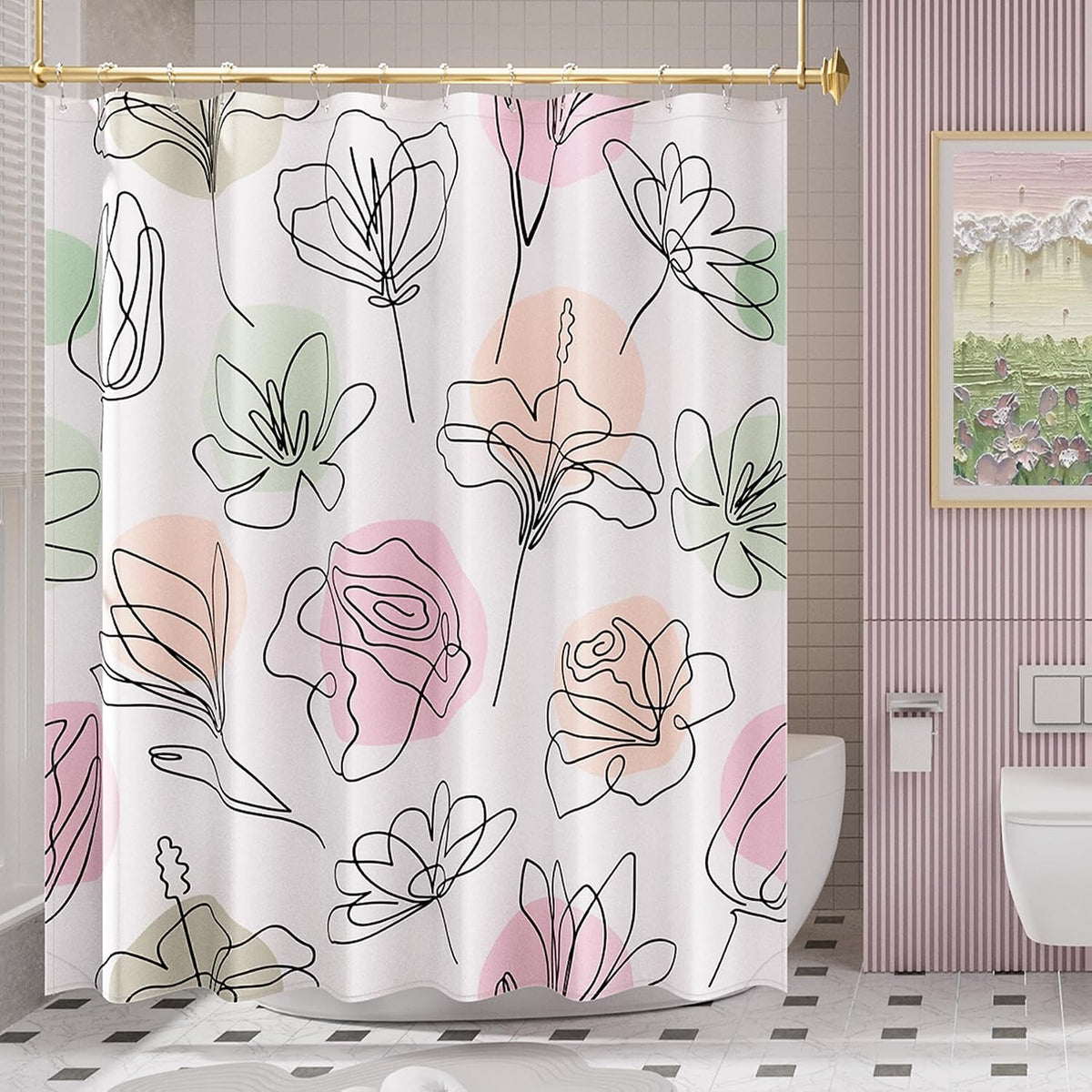 Shower Curtain, Washable Cloth Black Shower Curtain Sets with 12 Shower Curtain Hooks, Fabric Rustic Black and White Striped Curtain, Farmhouse Bathroom Curtains, 72x72 Inches