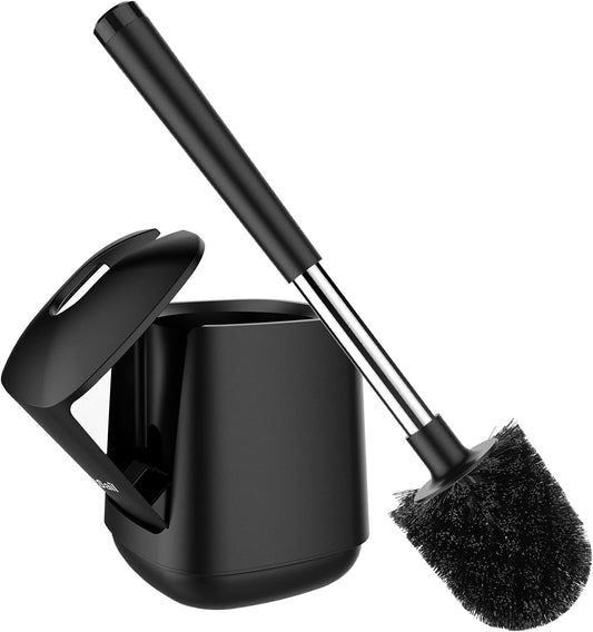 Toilet Brush and Holder, Self Closing Lid Toilet Bowl Brushes Holder and Extra Long Handle Ventilated Toilet Brush Set for Bathroom Cleaning, Nylon Bristles, White & Grey