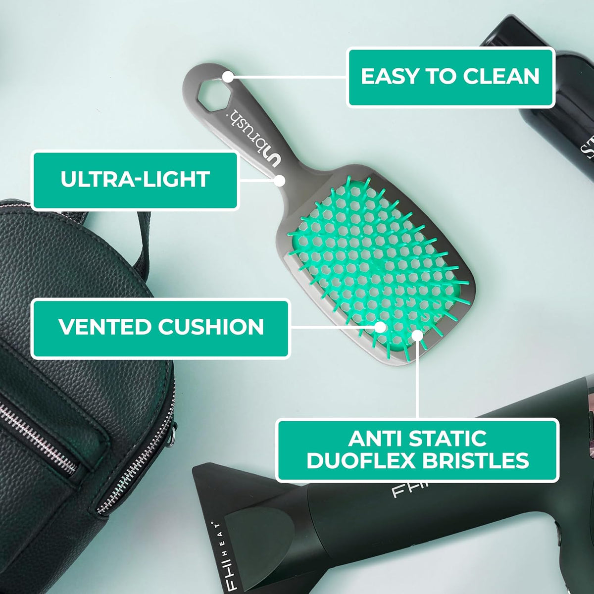 FHI Heat UNbrush Detangling Brush for Pain-Free Brushing on All Wet or Dry Hair Types — Durable DuoFlex Anti-Static Bristles, Lightweight Handle, Vented Hair Brush