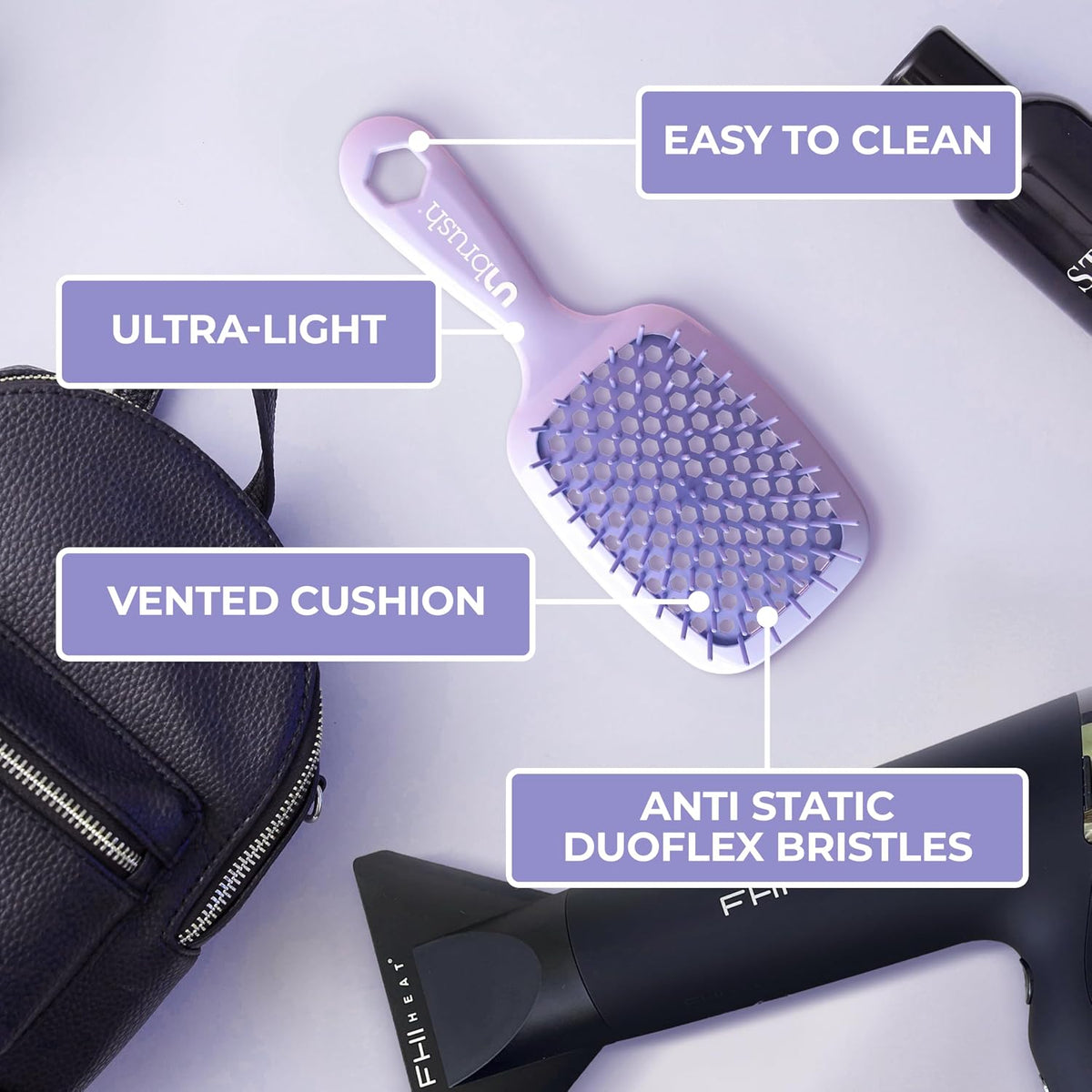 FHI Heat UNbrush Detangling Brush for Pain-Free Brushing on All Wet or Dry Hair Types — Durable DuoFlex Anti-Static Bristles, Lightweight Handle, Vented Hair Brush