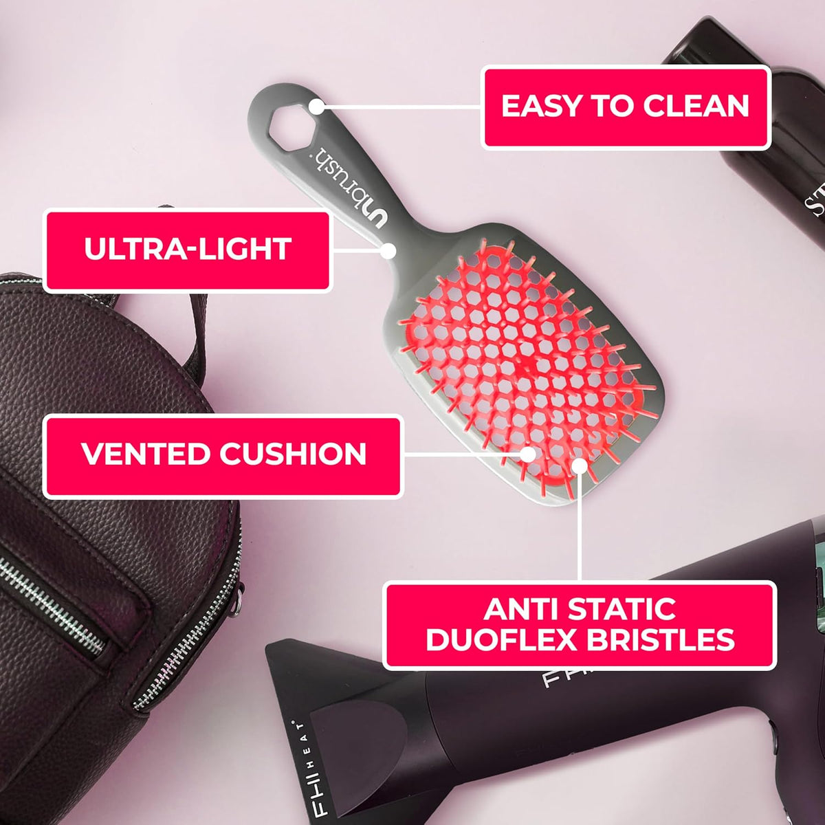 FHI Heat UNbrush Detangling Brush for Pain-Free Brushing on All Wet or Dry Hair Types — Durable DuoFlex Anti-Static Bristles, Lightweight Handle, Vented Hair Brush
