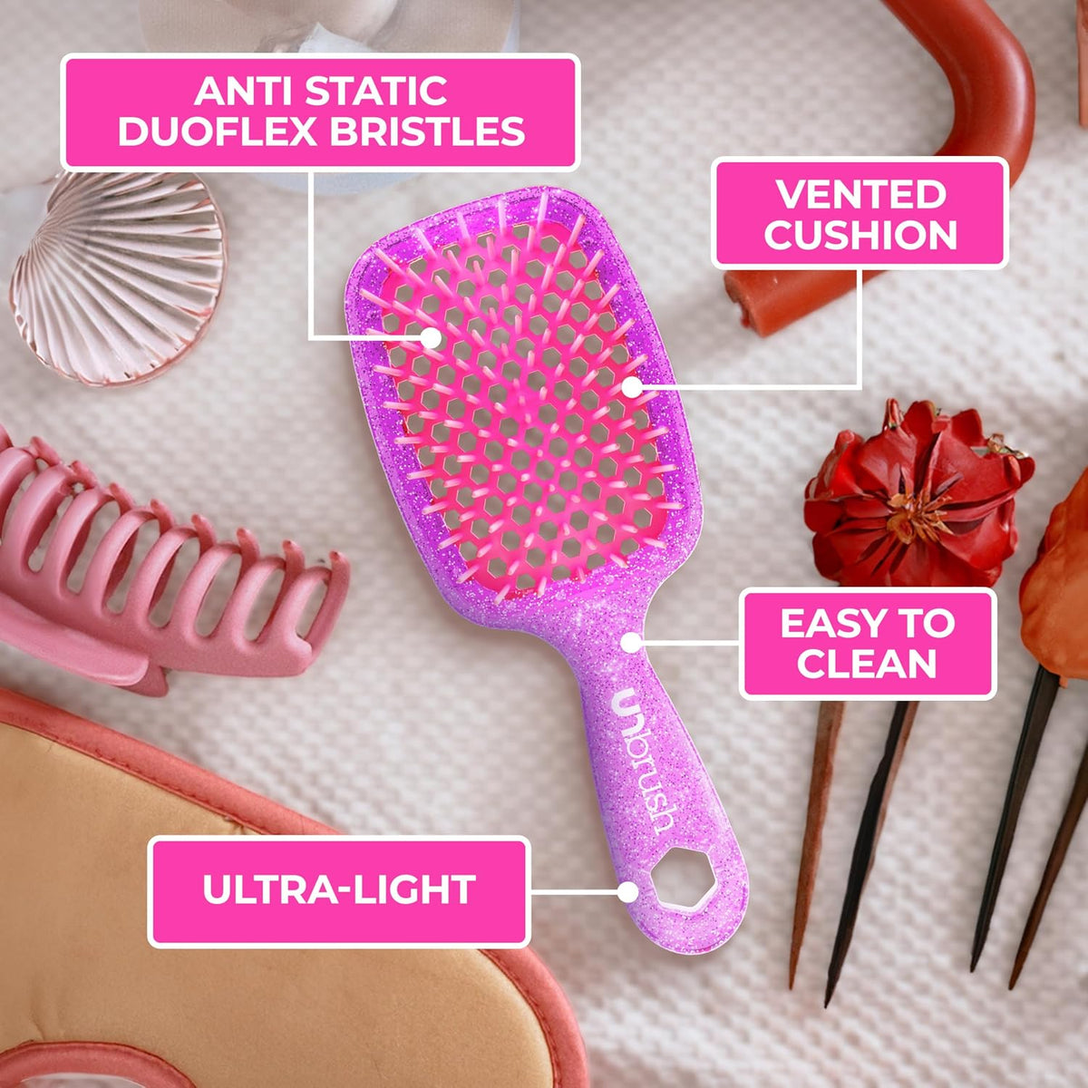 FHI Heat UNbrush Detangling Brush for Pain-Free Brushing on All Wet or Dry Hair Types — Durable DuoFlex Anti-Static Bristles, Lightweight Handle, Vented Hair Brush