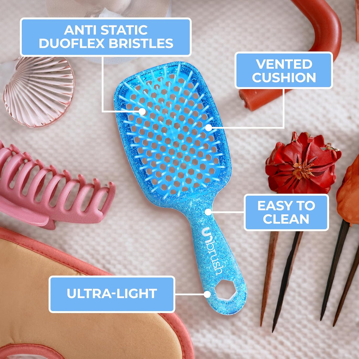 FHI Heat UNbrush Detangling Brush for Pain-Free Brushing on All Wet or Dry Hair Types — Durable DuoFlex Anti-Static Bristles, Lightweight Handle, Vented Hair Brush