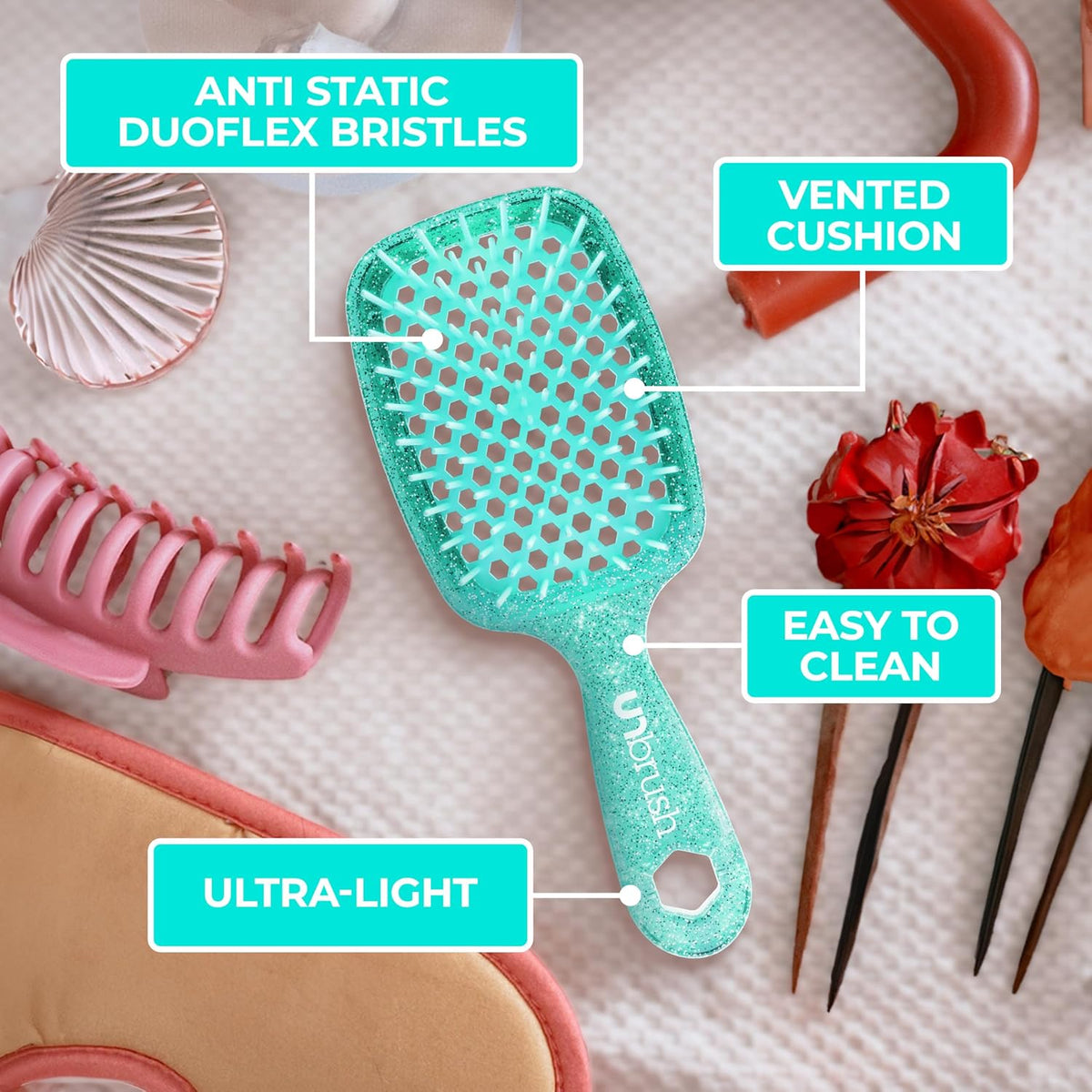 FHI Heat UNbrush Detangling Brush for Pain-Free Brushing on All Wet or Dry Hair Types — Durable DuoFlex Anti-Static Bristles, Lightweight Handle, Vented Hair Brush