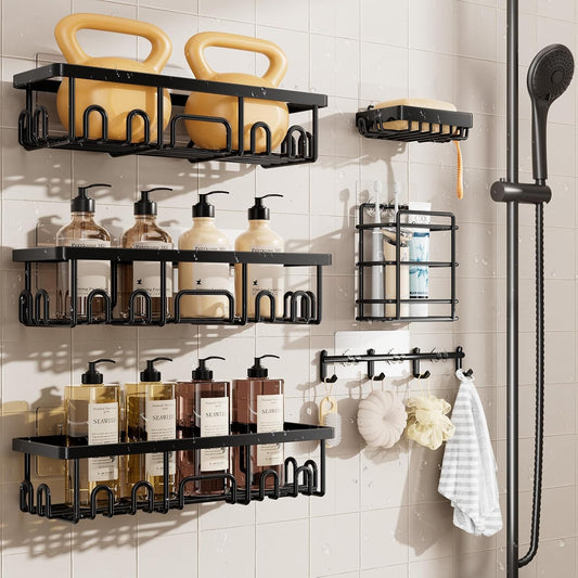 Shower Caddy 3-Pack, Advanced Rustproof Design, No Drilling Adhesive Shelves, Rack with Soap Holder, Large Capacity Bathroom Organizers and Storage, Wall-Mounted Kitchen & Home Decor, Black