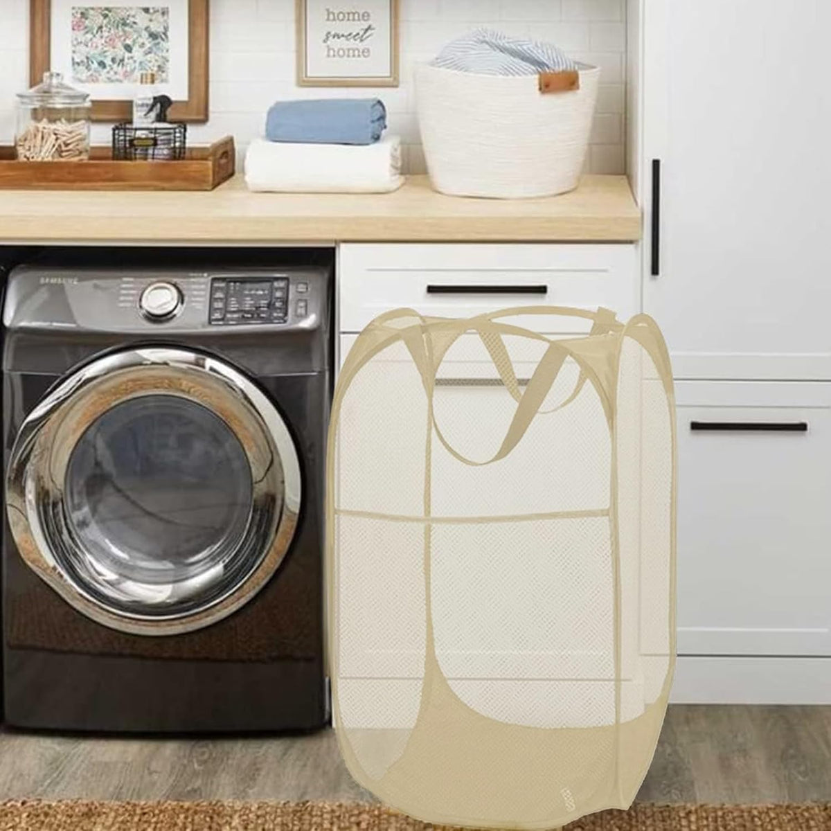 Deluxe Strong Mesh Pop up Laundry Hamper Basket with Side Pocket for Laundry Room, Bathroom, Kids Room, College Dorm or Travel Blush