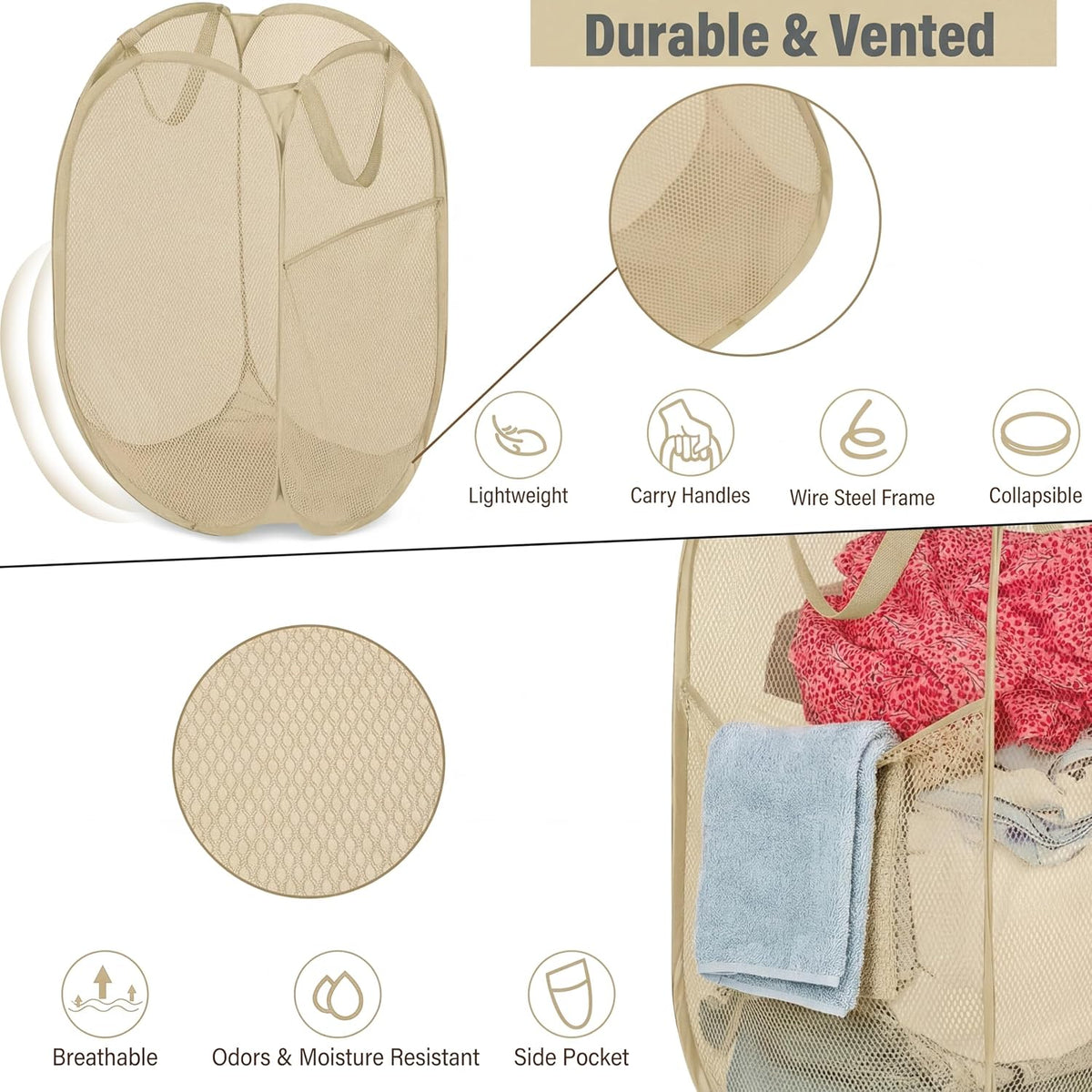 Deluxe Strong Mesh Pop up Laundry Hamper Basket with Side Pocket for Laundry Room, Bathroom, Kids Room, College Dorm or Travel Blush