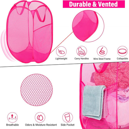 Deluxe Strong Mesh Pop up Laundry Hamper Basket with Side Pocket for Laundry Room, Bathroom, Kids Room, College Dorm or Travel Blush