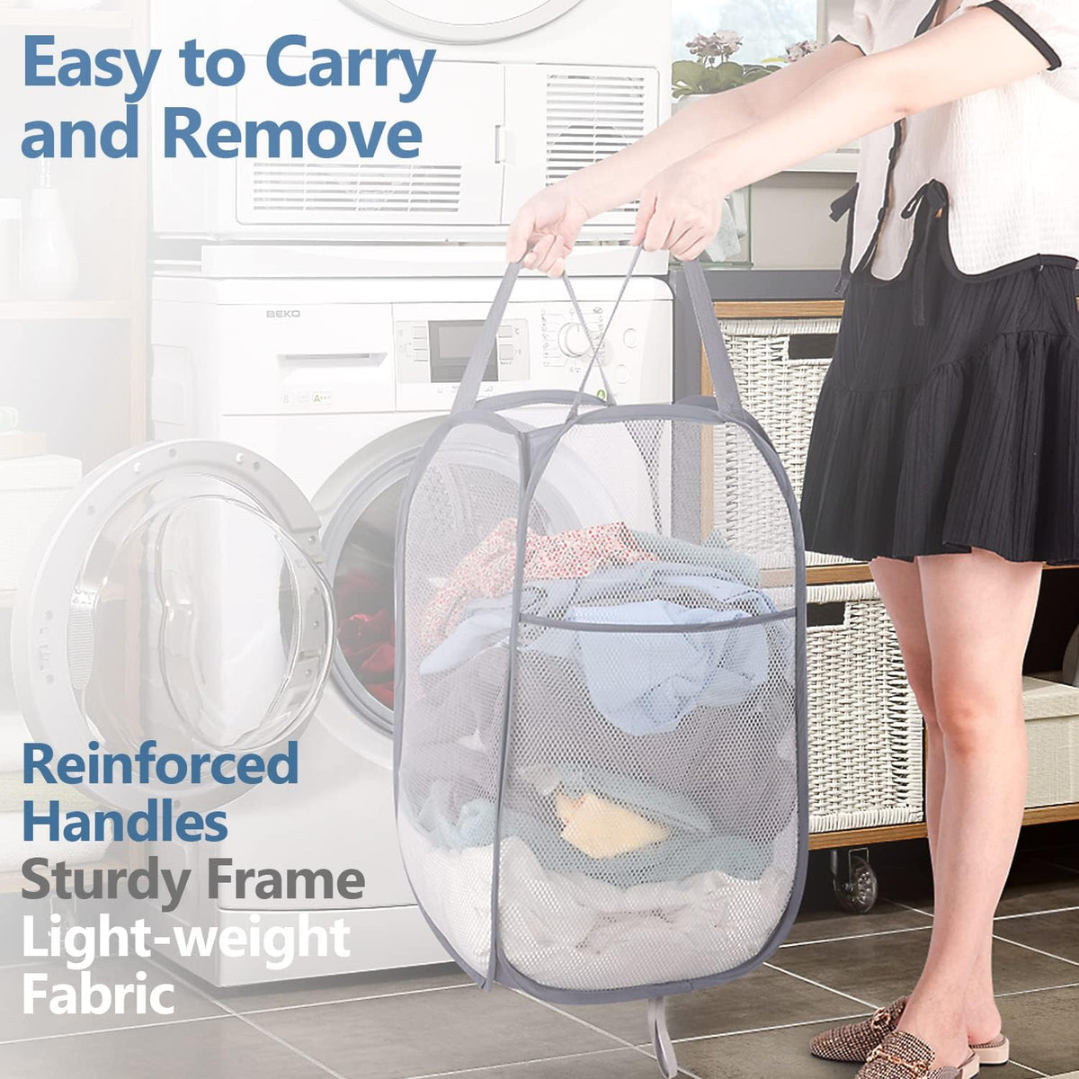 Deluxe Strong Mesh Pop up Laundry Hamper Basket with Side Pocket for Laundry Room, Bathroom, Kids Room, College Dorm or Travel Blush