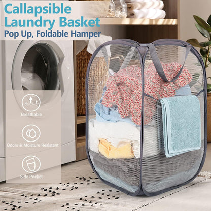 Deluxe Strong Mesh Pop up Laundry Hamper Basket with Side Pocket for Laundry Room, Bathroom, Kids Room, College Dorm or Travel Blush