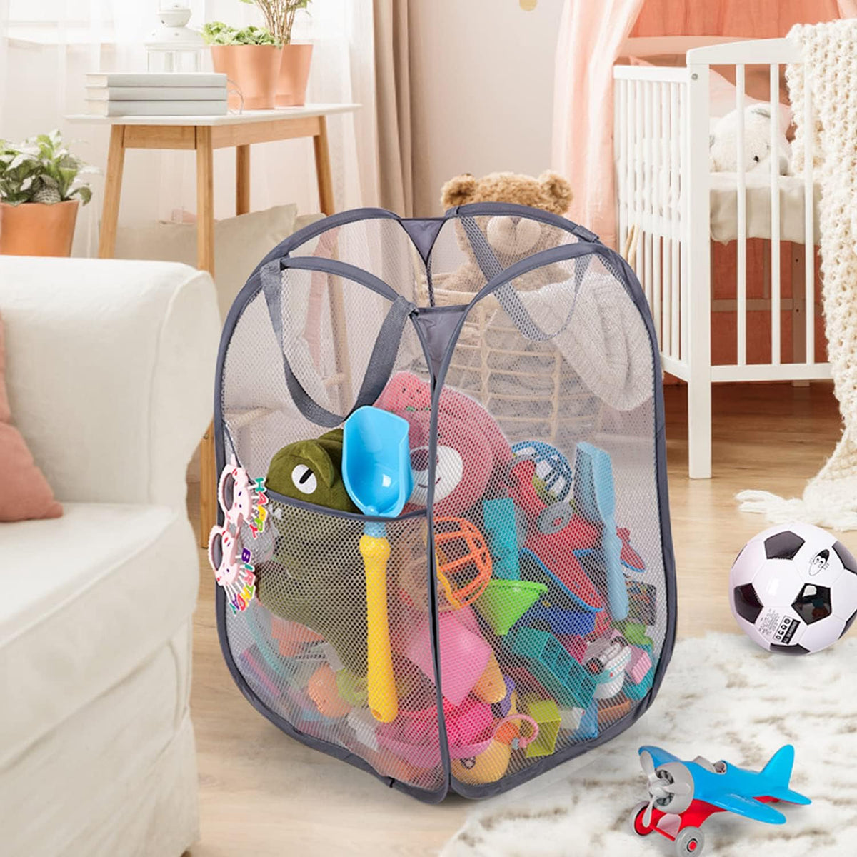 Deluxe Strong Mesh Pop up Laundry Hamper Basket with Side Pocket for Laundry Room, Bathroom, Kids Room, College Dorm or Travel Blush