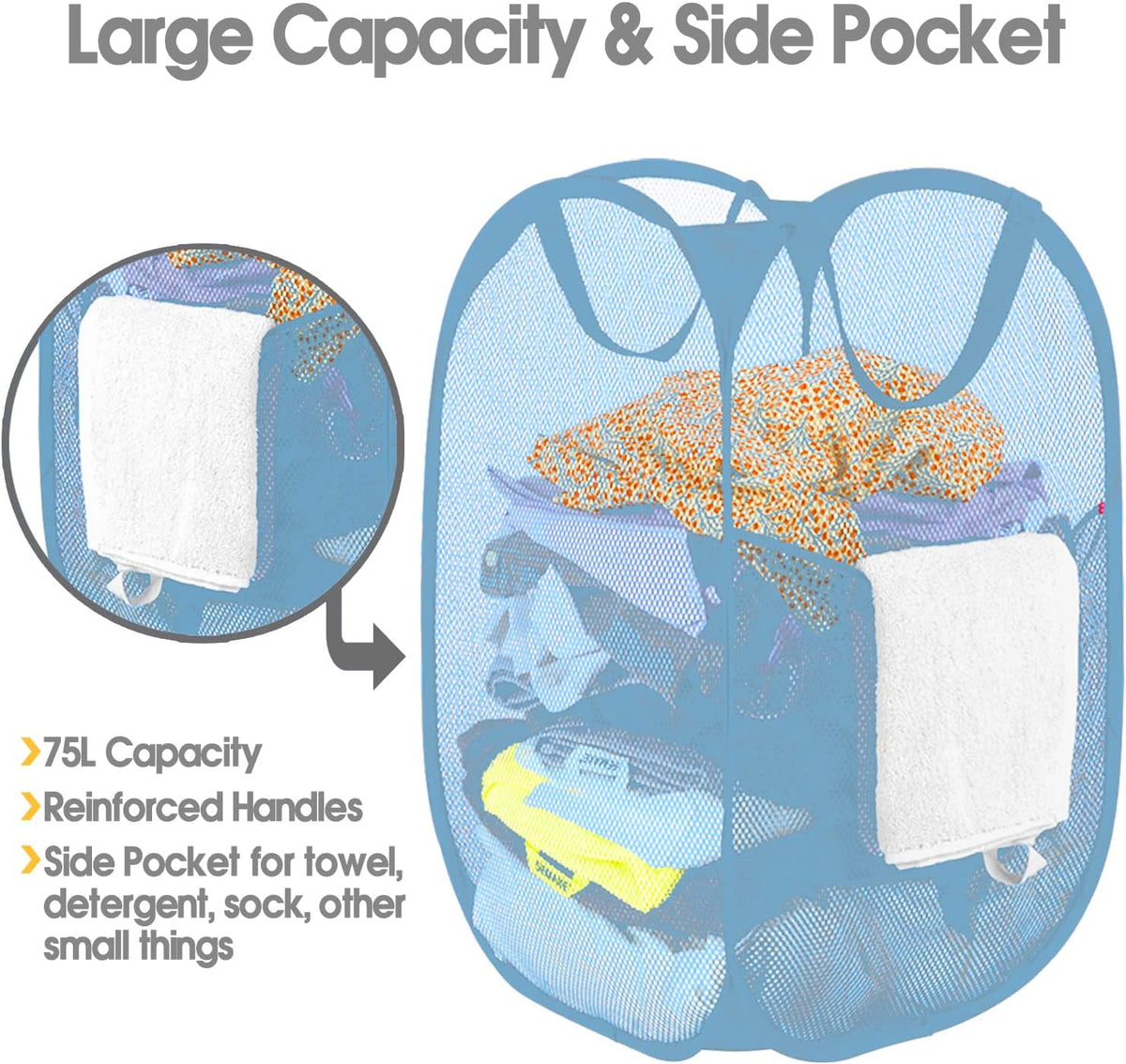 Deluxe Strong Mesh Pop up Laundry Hamper Basket with Side Pocket for Laundry Room, Bathroom, Kids Room, College Dorm or Travel Blush
