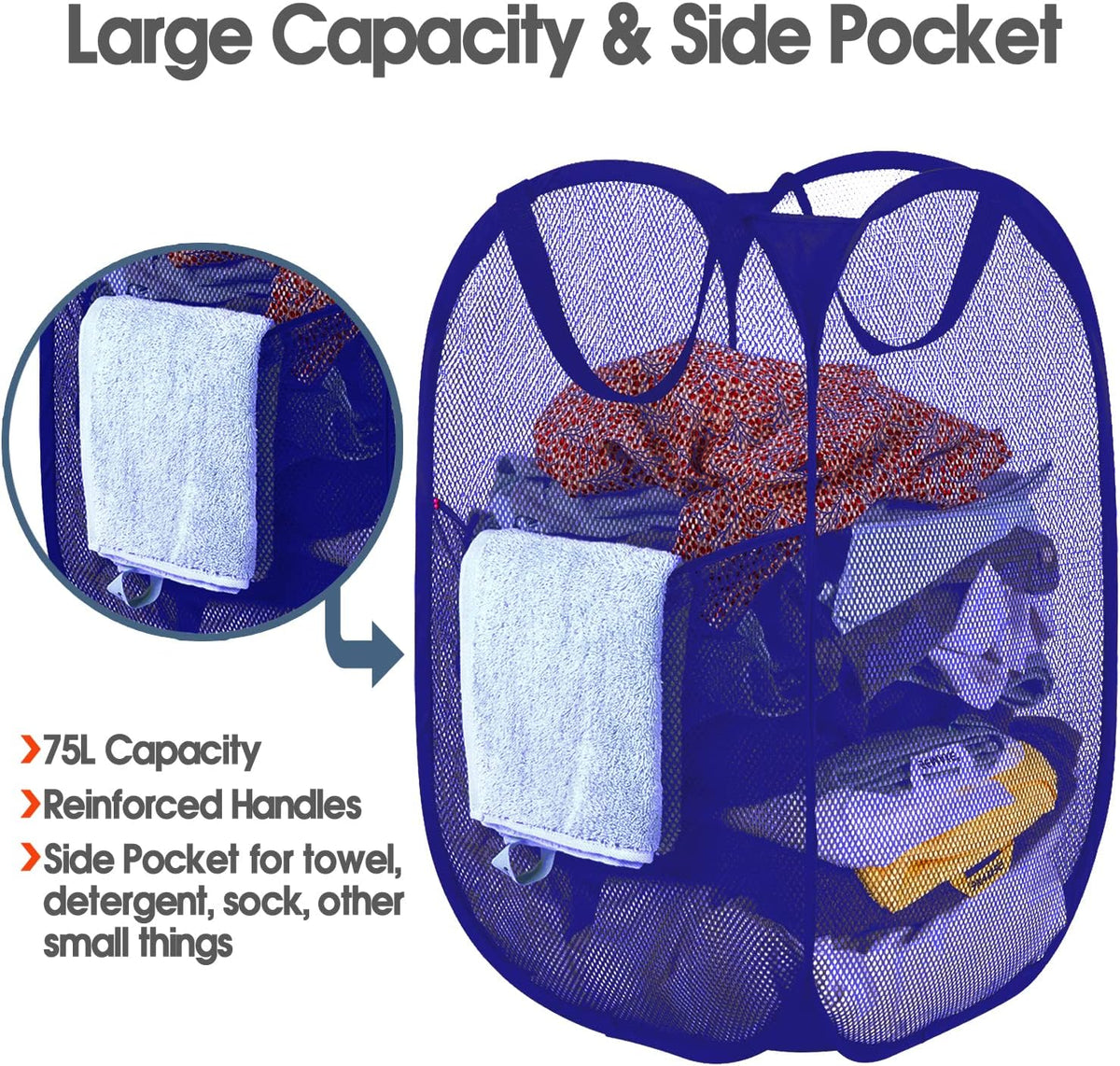 Deluxe Strong Mesh Pop up Laundry Hamper Basket with Side Pocket for Laundry Room, Bathroom, Kids Room, College Dorm or Travel Blush