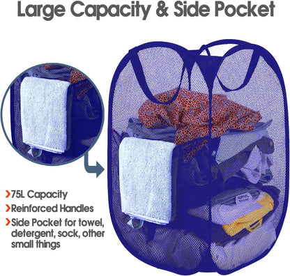 Deluxe Strong Mesh Pop up Laundry Hamper Basket with Side Pocket for Laundry Room, Bathroom, Kids Room, College Dorm or Travel Blush
