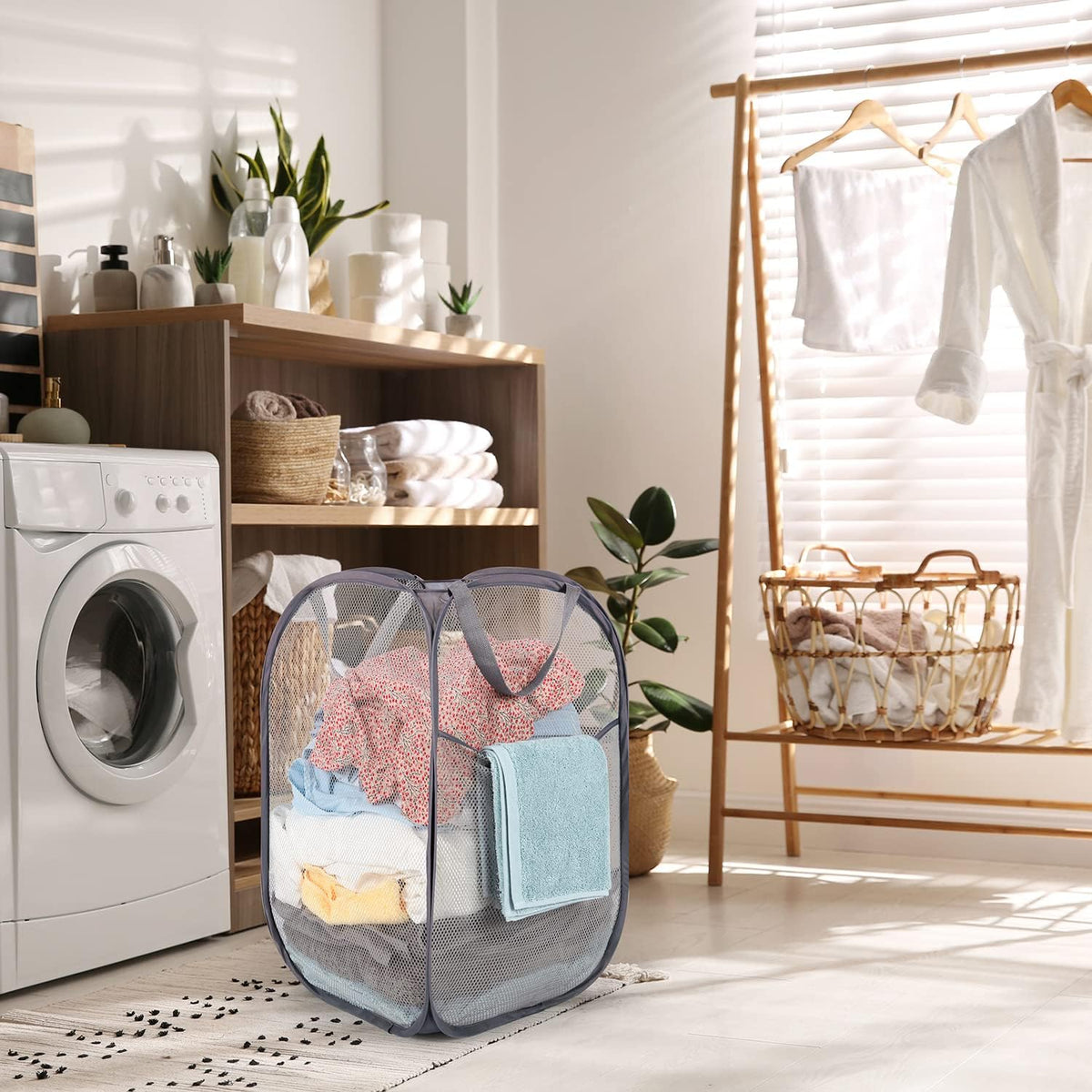 Deluxe Strong Mesh Pop up Laundry Hamper Basket with Side Pocket for Laundry Room, Bathroom, Kids Room, College Dorm or Travel Blush