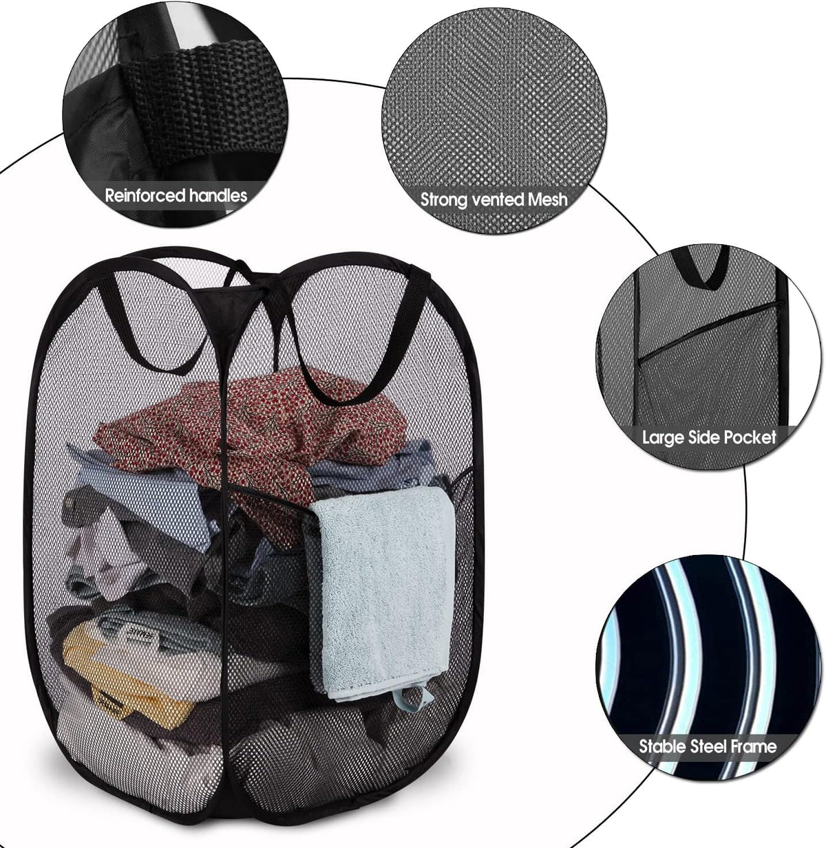 Deluxe Strong Mesh Pop up Laundry Hamper Basket with Side Pocket for Laundry Room, Bathroom, Kids Room, College Dorm or Travel Blush