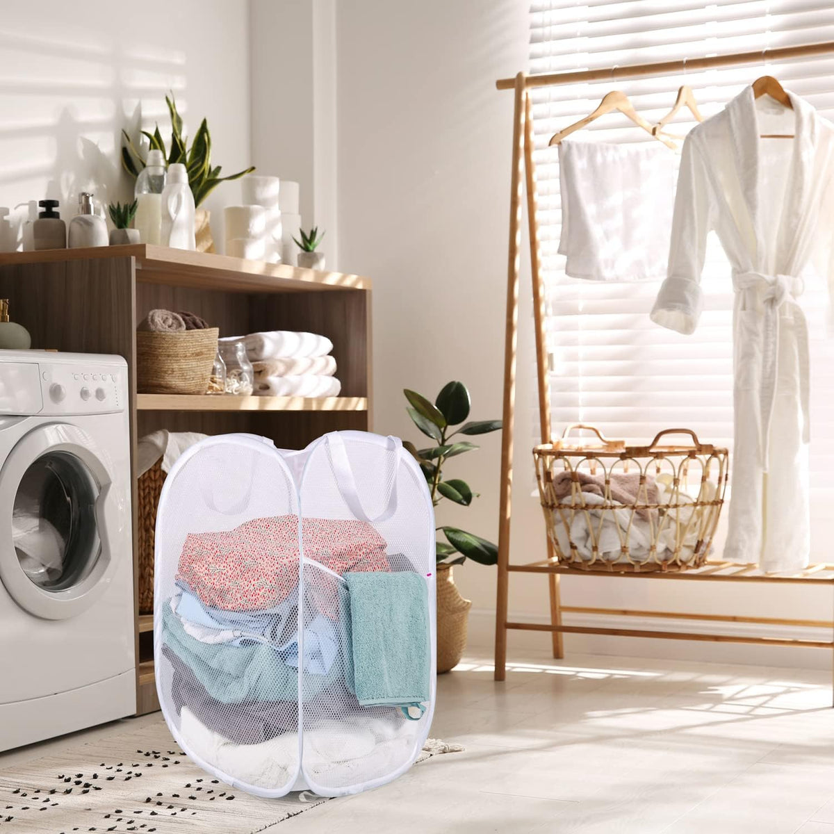 Deluxe Strong Mesh Pop up Laundry Hamper Basket with Side Pocket for Laundry Room, Bathroom, Kids Room, College Dorm or Travel Blush