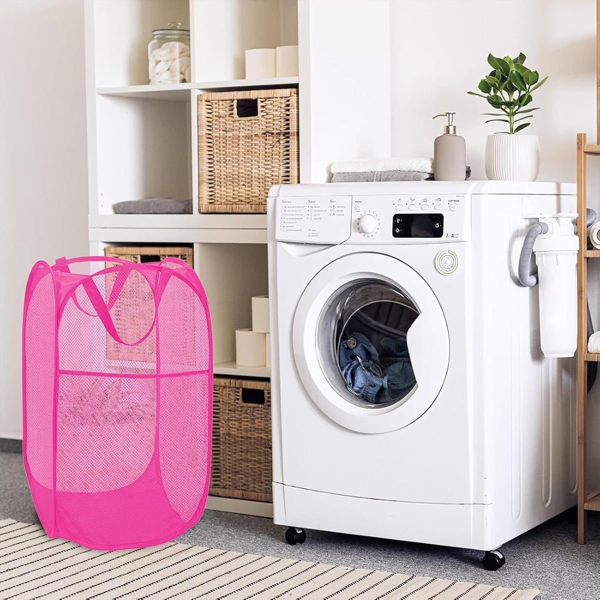 Deluxe Strong Mesh Pop up Laundry Hamper Basket with Side Pocket for Laundry Room, Bathroom, Kids Room, College Dorm or Travel Blush
