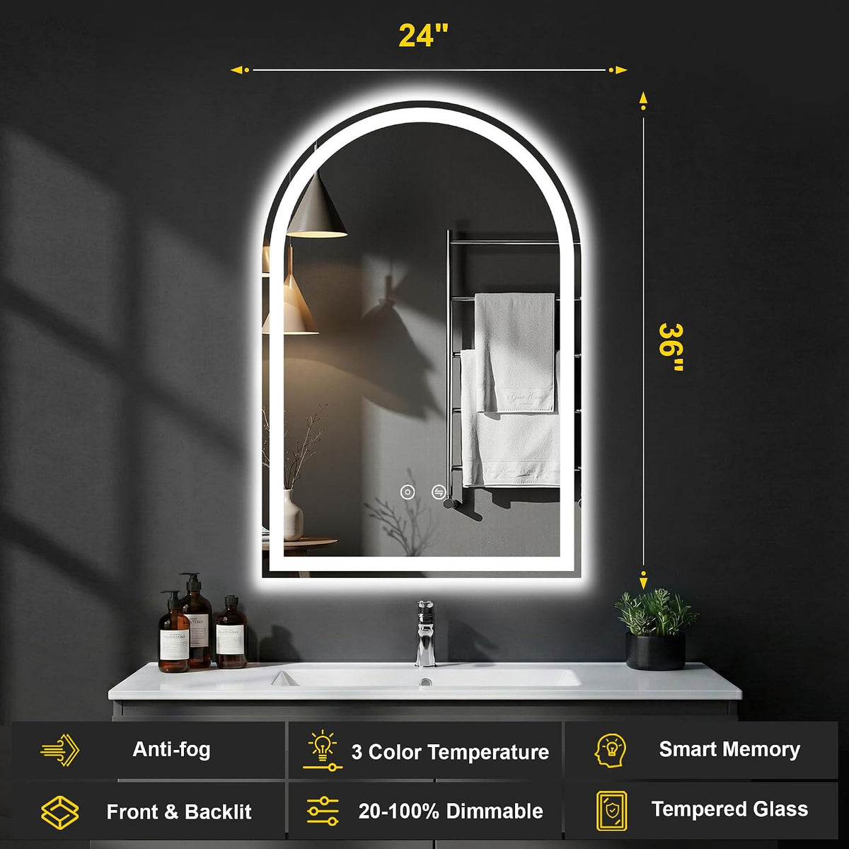 Arched LED Bathroom Mirror with Lights, 24" x 36" Lighted Vanity Mirror