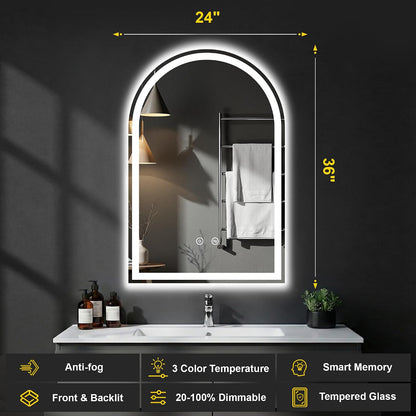 Arched LED Bathroom Mirror with Lights, 24" x 36" Lighted Vanity Mirror