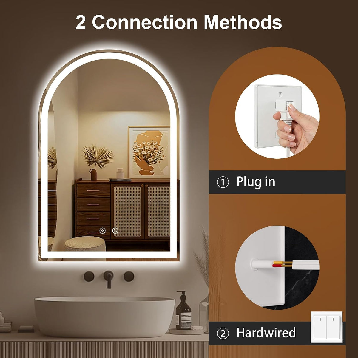 Arched LED Bathroom Mirror with Lights, 24" x 36" Lighted Vanity Mirror