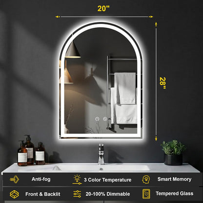 Arched LED Bathroom Mirror with Lights, 24" x 36" Lighted Vanity Mirror