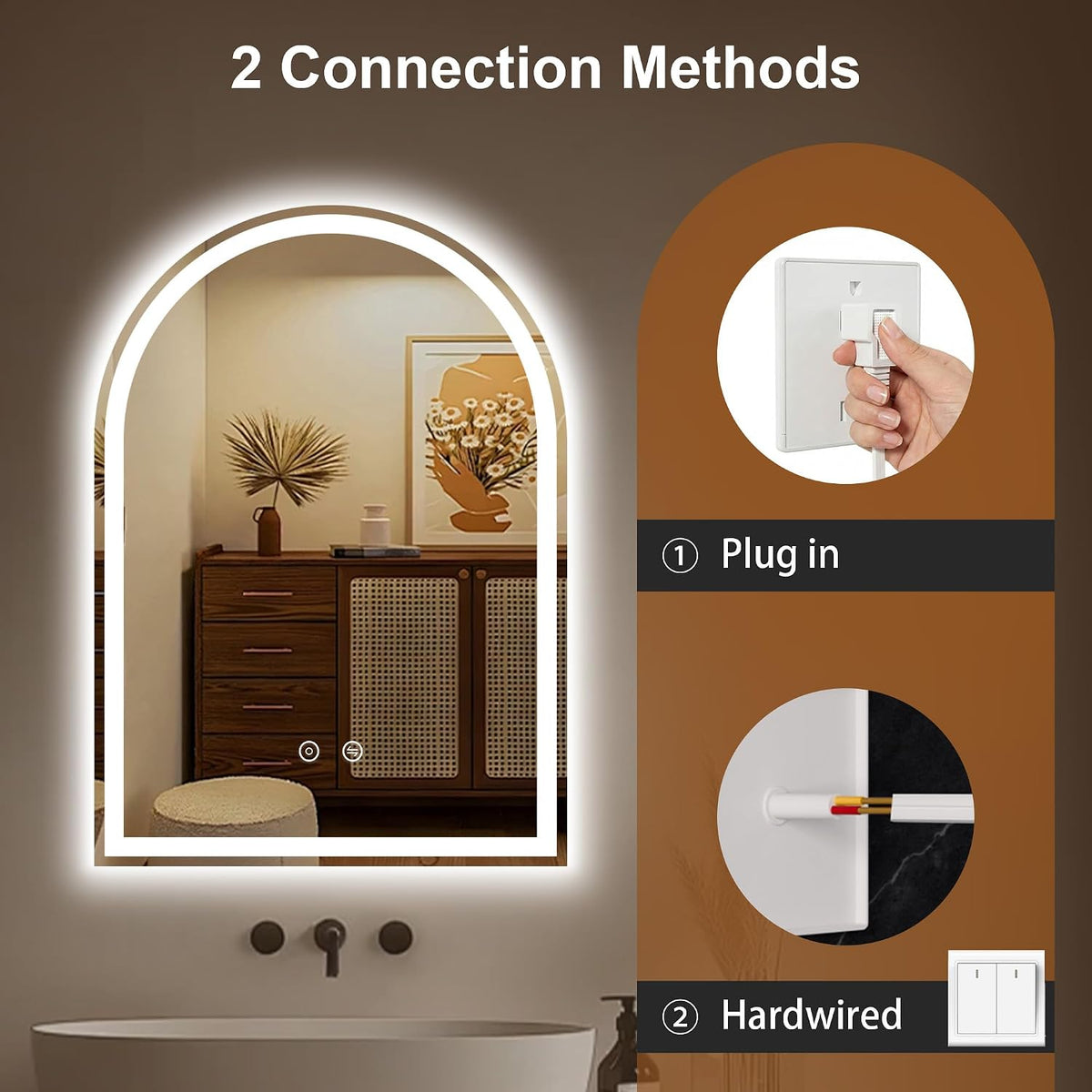 Arched LED Bathroom Mirror with Lights, 24" x 36" Lighted Vanity Mirror