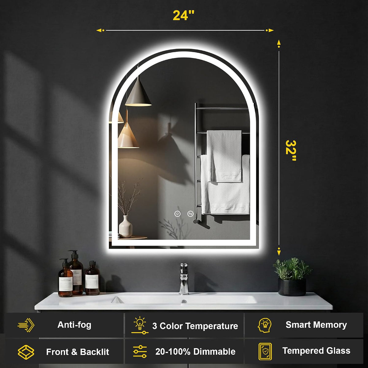 Arched LED Bathroom Mirror with Lights, 24" x 36" Lighted Vanity Mirror