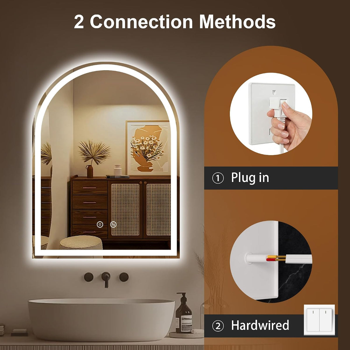 Arched LED Bathroom Mirror with Lights, 24" x 36" Lighted Vanity Mirror