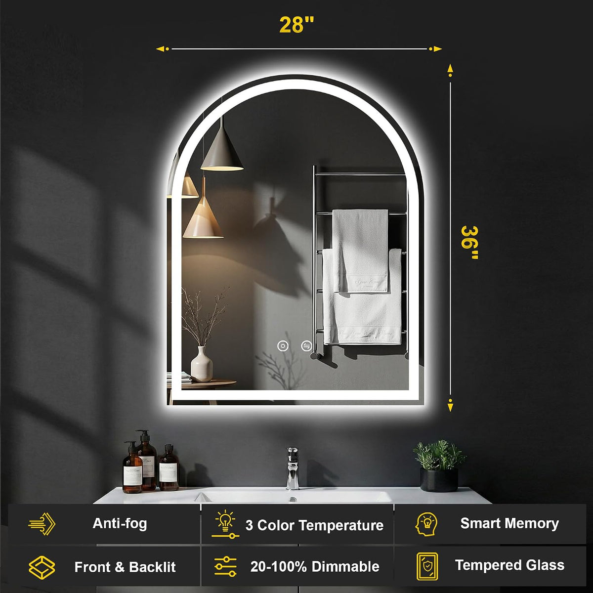 Arched LED Bathroom Mirror with Lights, 24" x 36" Lighted Vanity Mirror