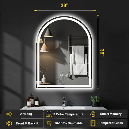 Arched LED Bathroom Mirror with Lights, 24" x 36" Lighted Vanity Mirror