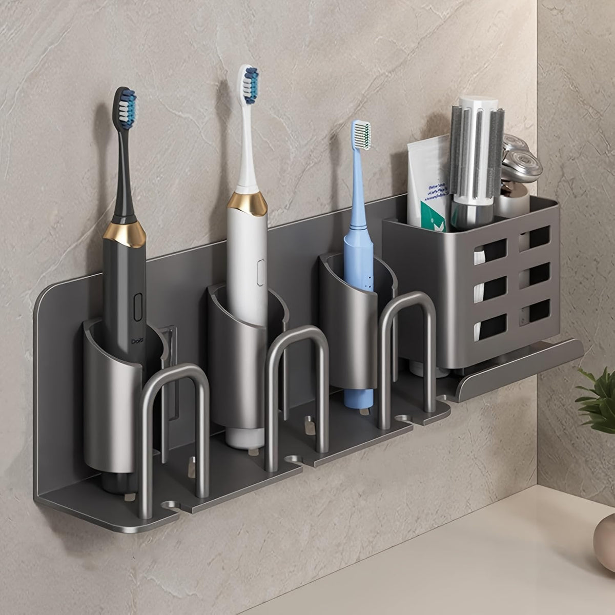 Electric Toothbrush Holder Wall Mounted - Aluminum, 3-Slot, Gray