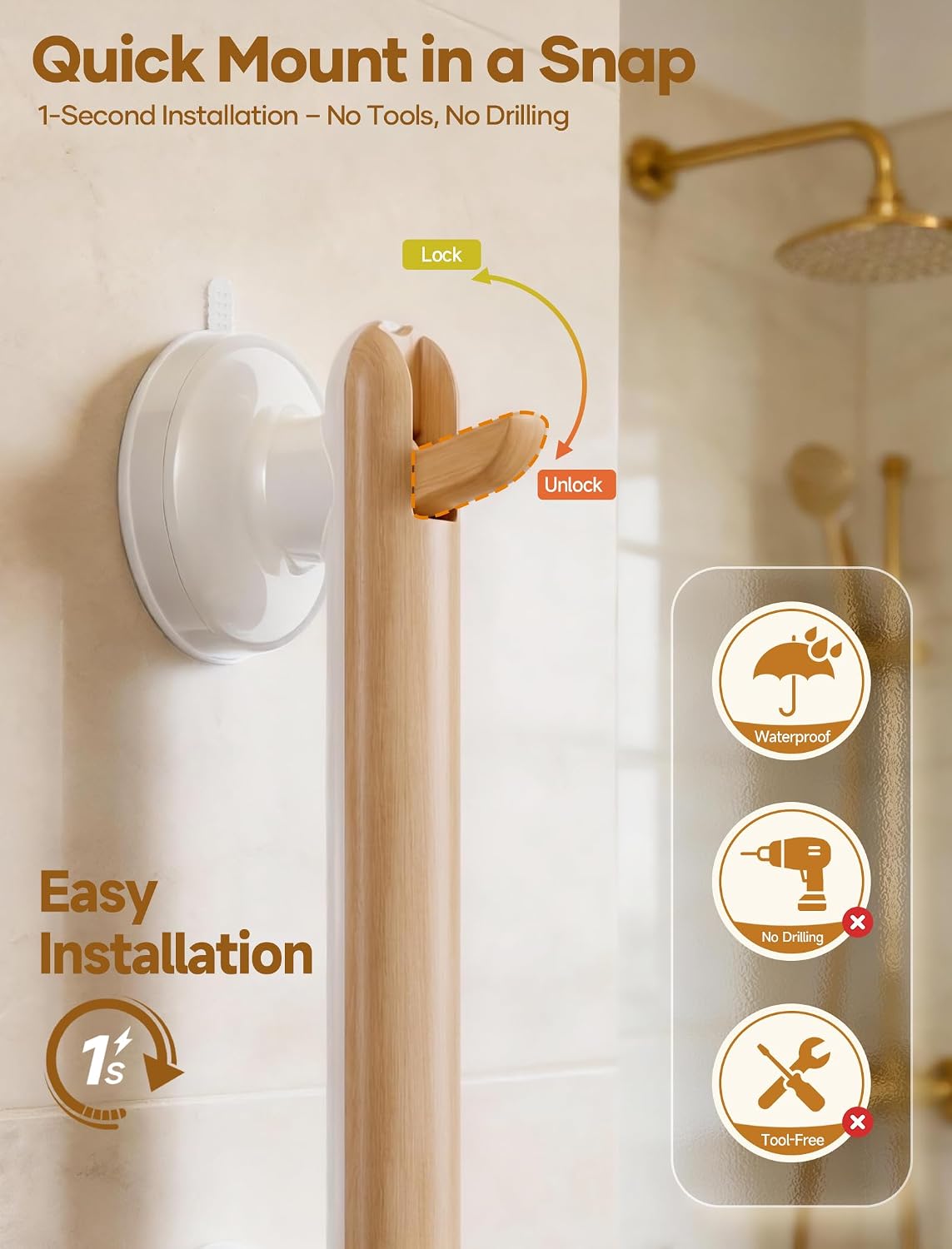 Grab Bars for Bathtubs and Showers Handles for the Elderly and People in Need,2026 New Powerful Suction Cup,No Drilling Required(Yellow-1 Pack)