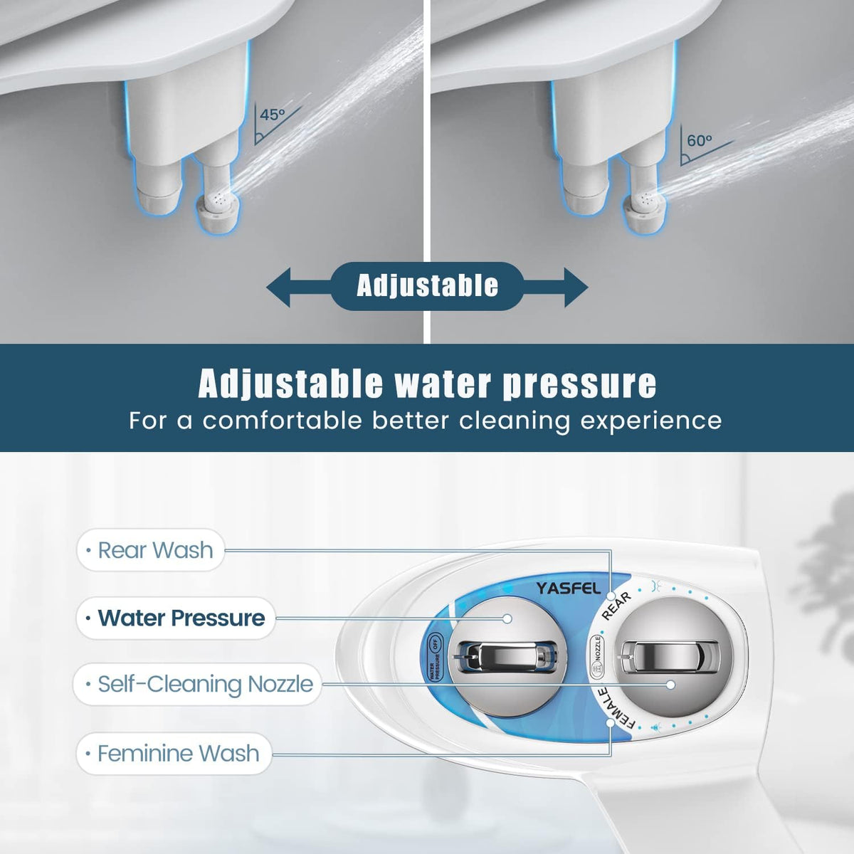 Bidet Attachment for Toilet, Non-Electric Self-Cleaning Bidet Seat Attachment, Fresh Cold Bidet Attachment for Feminine/Posterior Wash, with Adjustable Pressure Control (Blue/White)