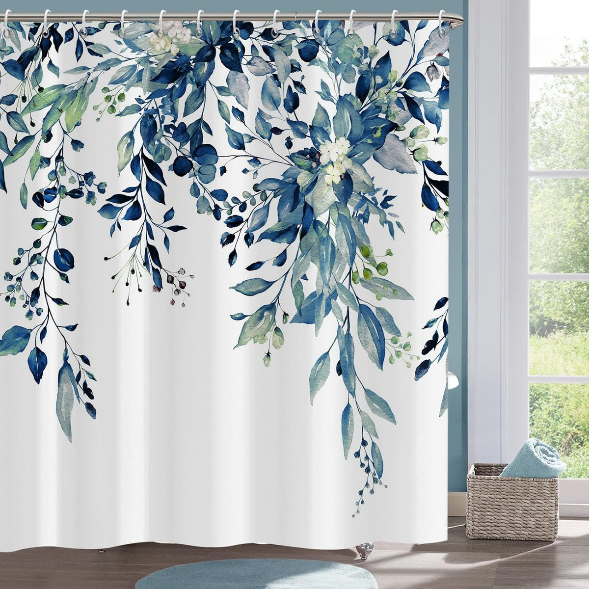 Shower Curtain Blue Eucalyptus Shower Curtains for Bathroom, Watercolor Leaf Shower Curtain Sets Waterproof Plant Shower Curtain Leaves Fabric Cloth Bathroom Curtains 72x72 inch with Hooks