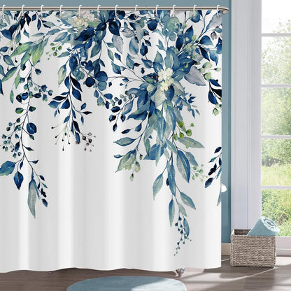 Shower Curtain Blue Eucalyptus Shower Curtains for Bathroom, Watercolor Leaf Shower Curtain Sets Waterproof Plant Shower Curtain Leaves Fabric Cloth Bathroom Curtains 72x72 inch with Hooks