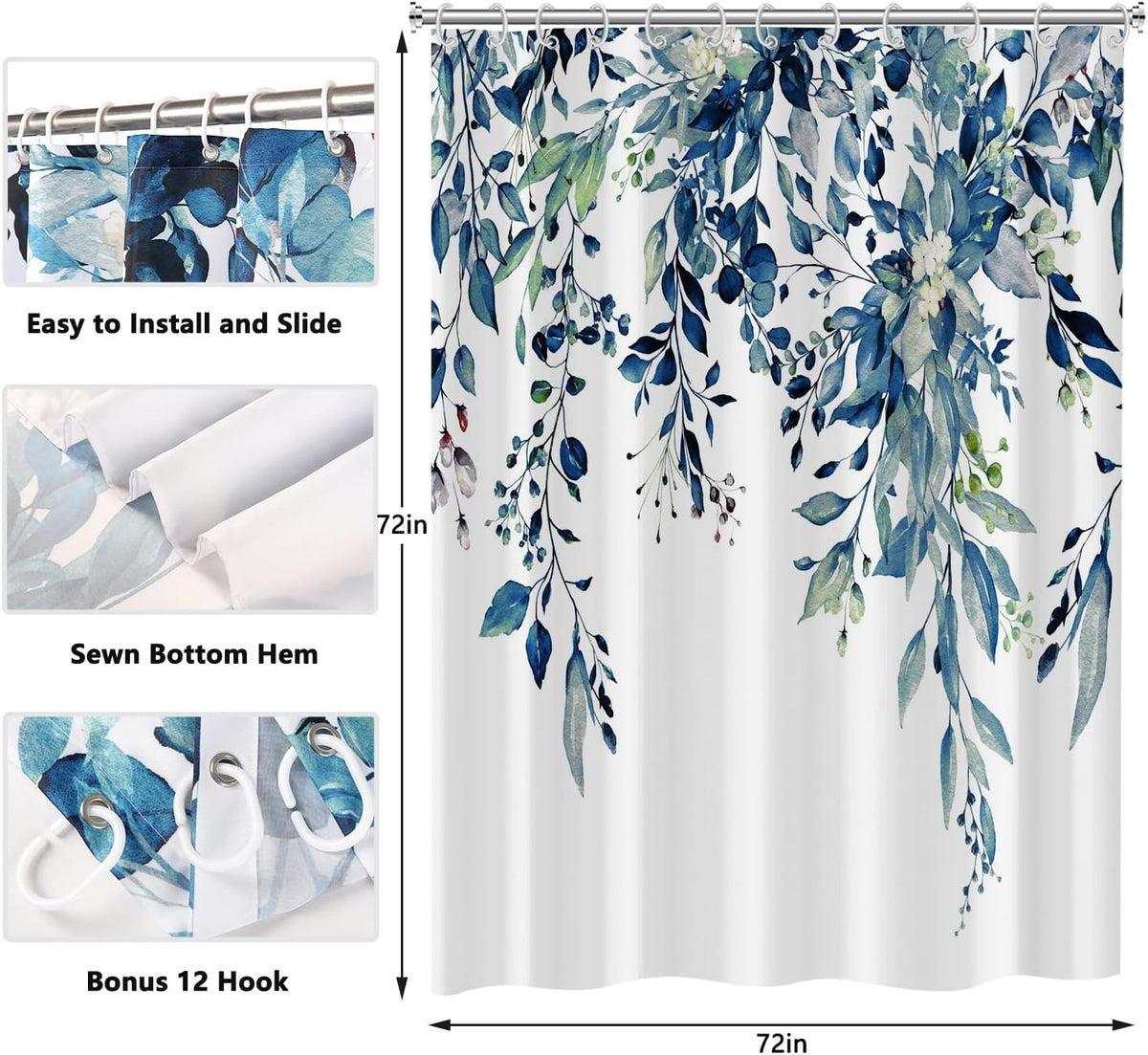 Shower Curtain Blue Eucalyptus Shower Curtains for Bathroom, Watercolor Leaf Shower Curtain Sets Waterproof Plant Shower Curtain Leaves Fabric Cloth Bathroom Curtains 72x72 inch with Hooks