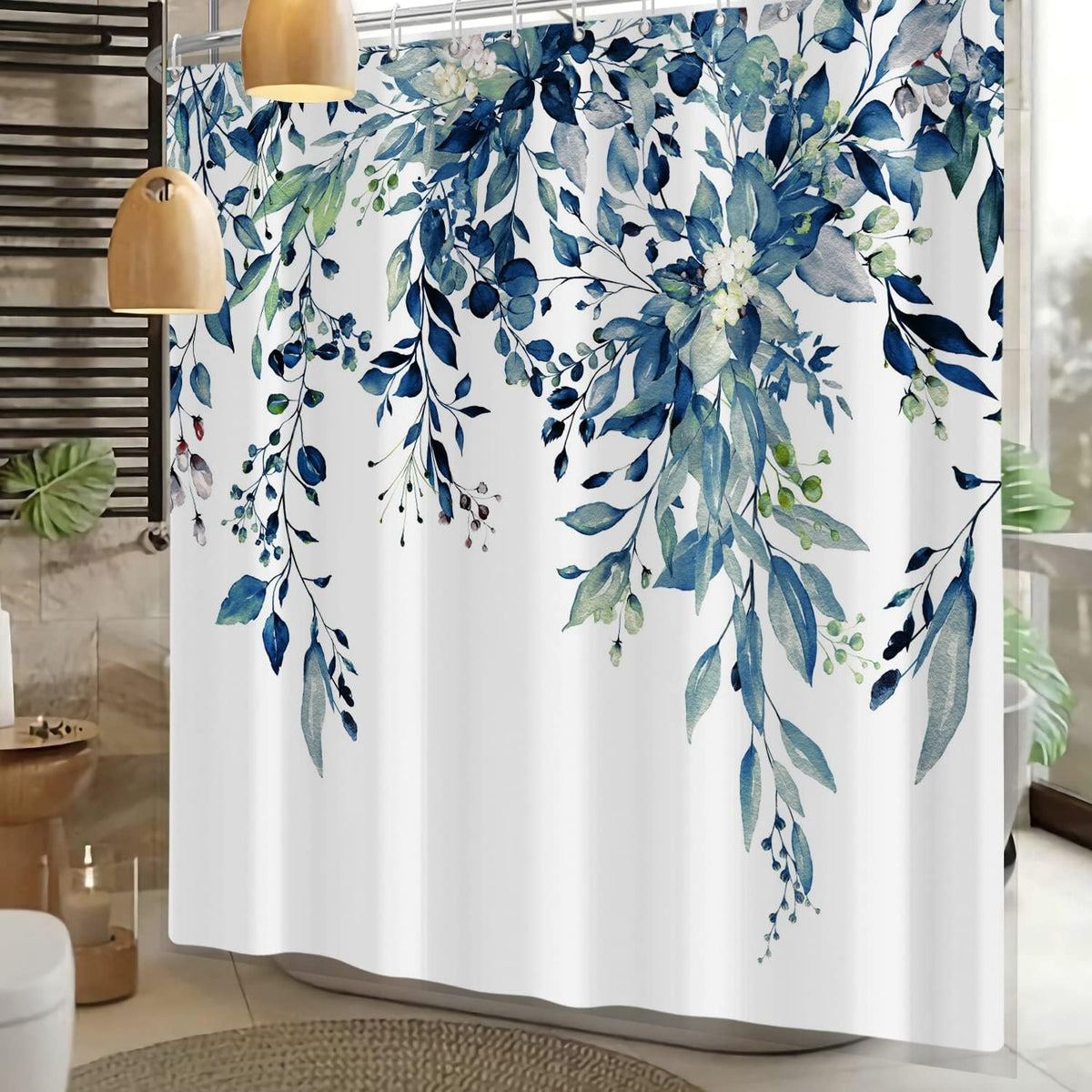 Shower Curtain Blue Eucalyptus Shower Curtains for Bathroom, Watercolor Leaf Shower Curtain Sets Waterproof Plant Shower Curtain Leaves Fabric Cloth Bathroom Curtains 72x72 inch with Hooks