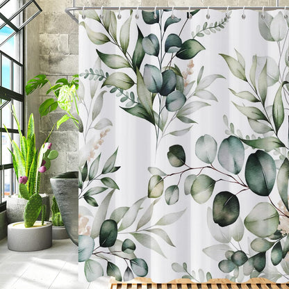 Shower Curtain Blue Eucalyptus Shower Curtains for Bathroom, Watercolor Leaf Shower Curtain Sets Waterproof Plant Shower Curtain Leaves Fabric Cloth Bathroom Curtains 72x72 inch with Hooks