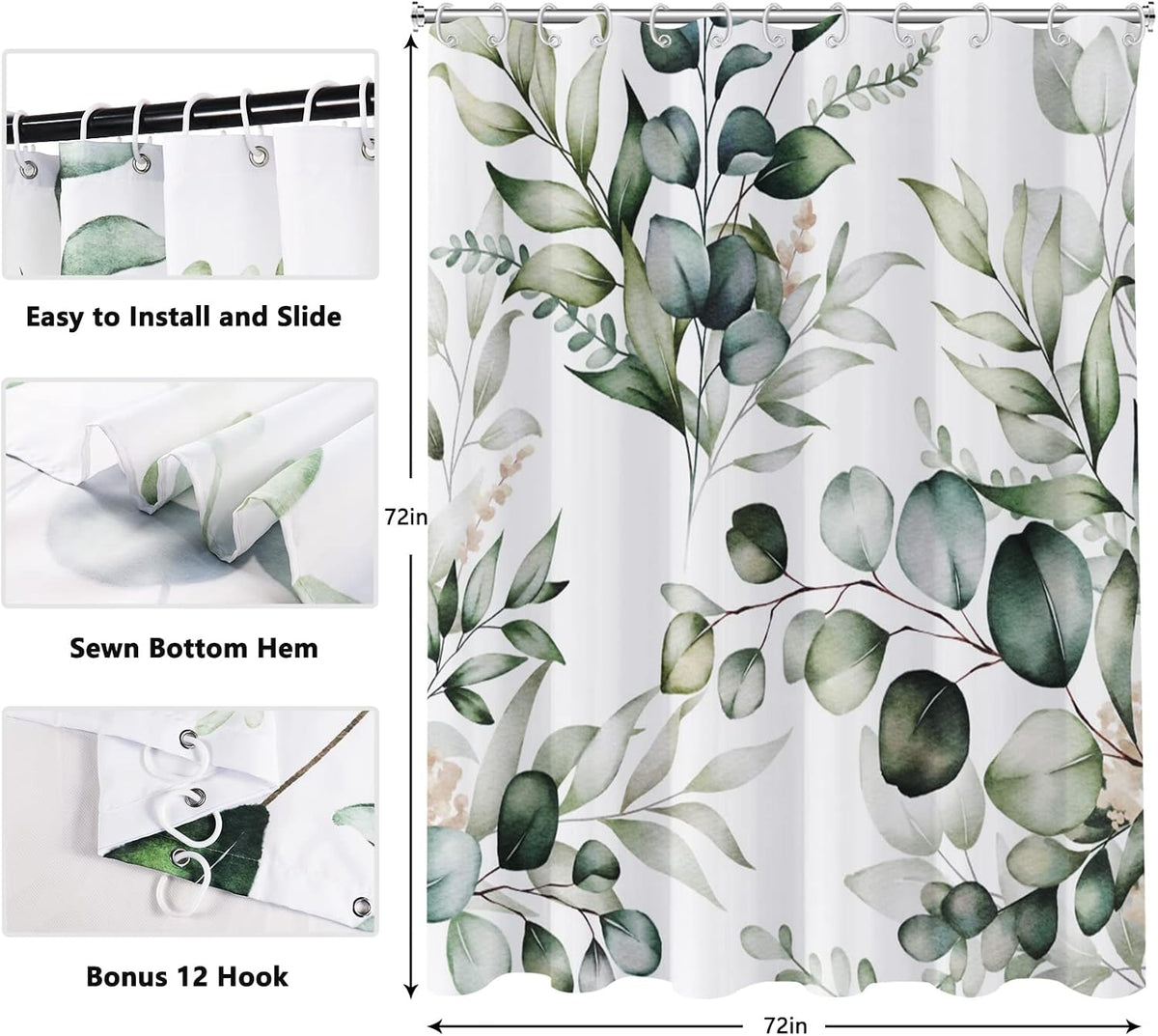 Shower Curtain Blue Eucalyptus Shower Curtains for Bathroom, Watercolor Leaf Shower Curtain Sets Waterproof Plant Shower Curtain Leaves Fabric Cloth Bathroom Curtains 72x72 inch with Hooks