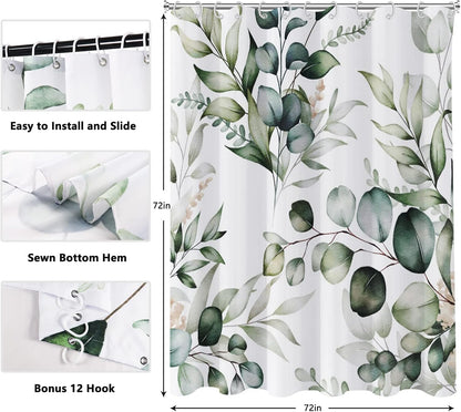 Shower Curtain Blue Eucalyptus Shower Curtains for Bathroom, Watercolor Leaf Shower Curtain Sets Waterproof Plant Shower Curtain Leaves Fabric Cloth Bathroom Curtains 72x72 inch with Hooks