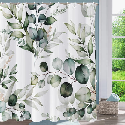 Shower Curtain Blue Eucalyptus Shower Curtains for Bathroom, Watercolor Leaf Shower Curtain Sets Waterproof Plant Shower Curtain Leaves Fabric Cloth Bathroom Curtains 72x72 inch with Hooks