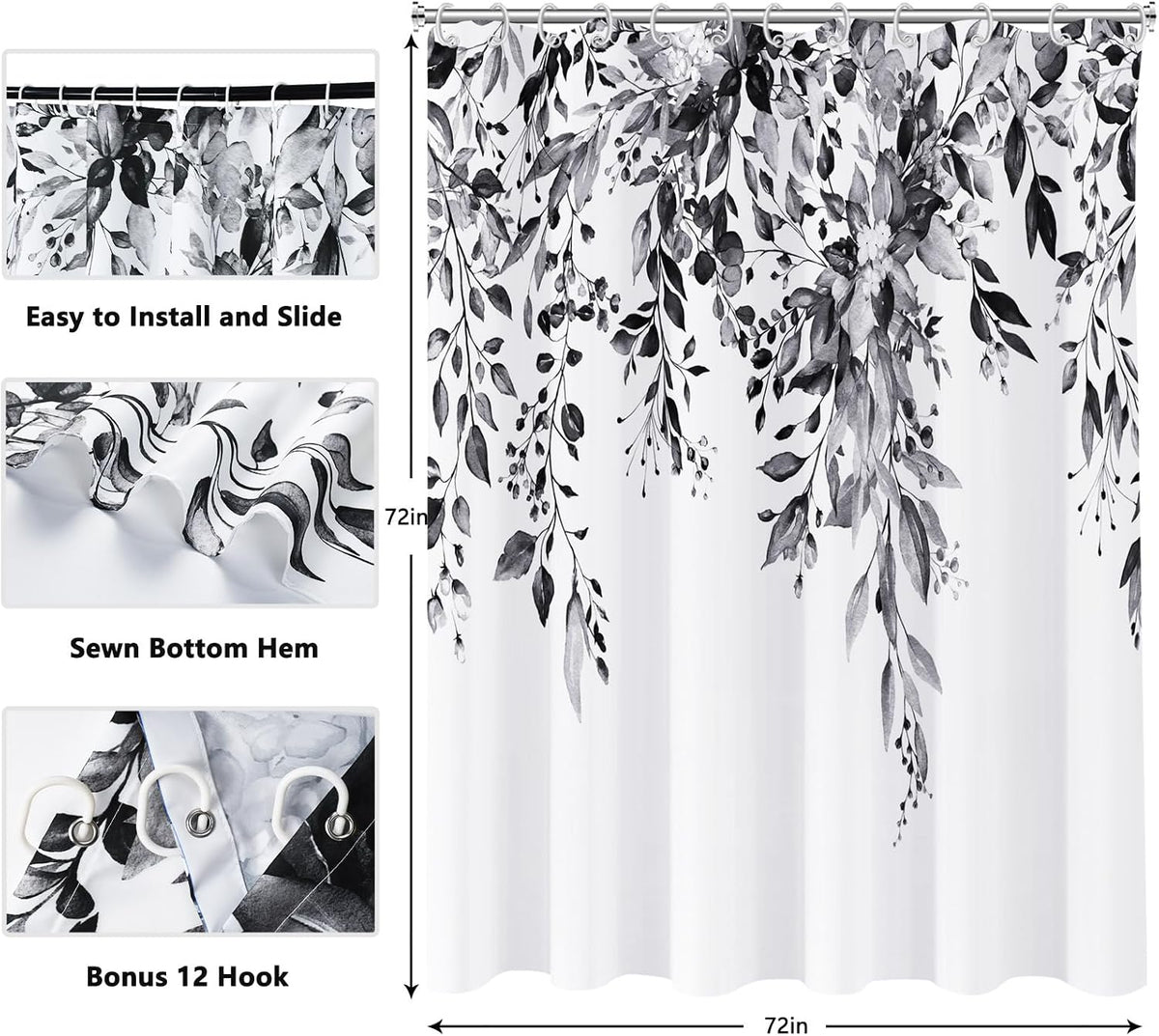 Shower Curtain Blue Eucalyptus Shower Curtains for Bathroom, Watercolor Leaf Shower Curtain Sets Waterproof Plant Shower Curtain Leaves Fabric Cloth Bathroom Curtains 72x72 inch with Hooks