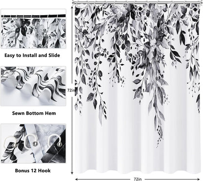 Shower Curtain Blue Eucalyptus Shower Curtains for Bathroom, Watercolor Leaf Shower Curtain Sets Waterproof Plant Shower Curtain Leaves Fabric Cloth Bathroom Curtains 72x72 inch with Hooks