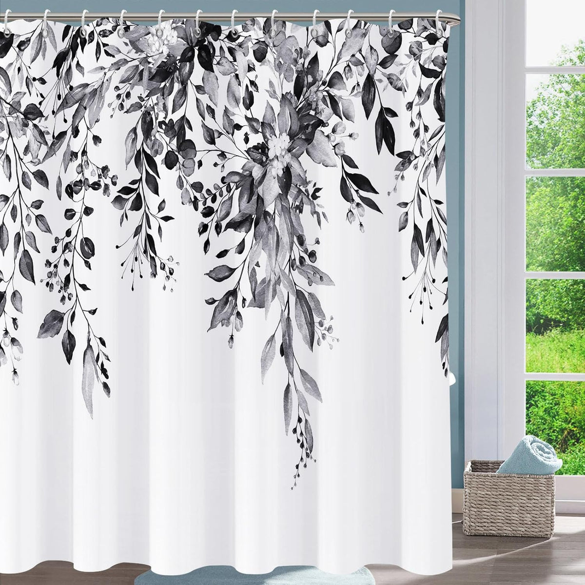 Shower Curtain Blue Eucalyptus Shower Curtains for Bathroom, Watercolor Leaf Shower Curtain Sets Waterproof Plant Shower Curtain Leaves Fabric Cloth Bathroom Curtains 72x72 inch with Hooks