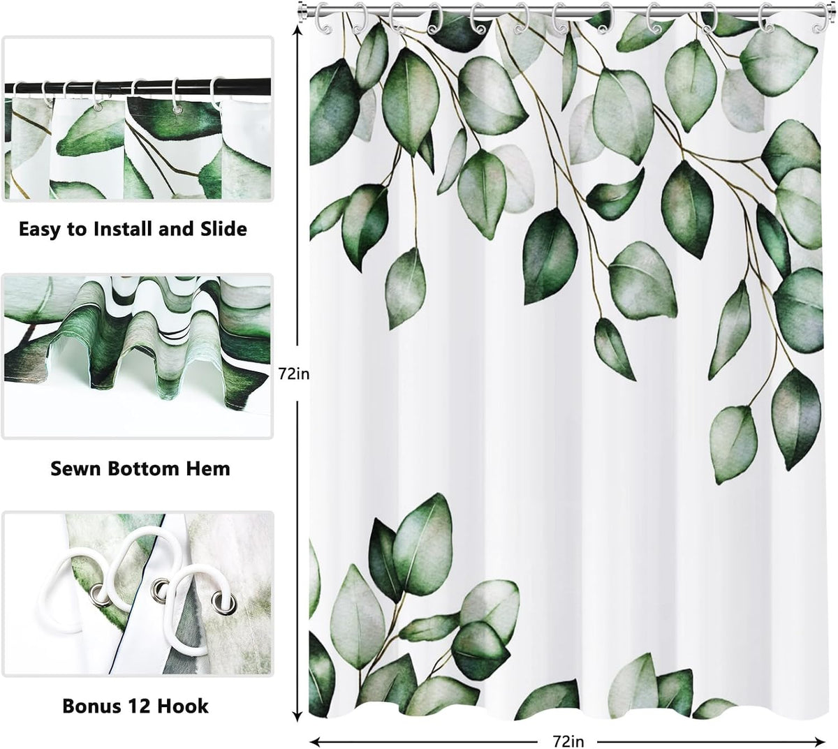 Shower Curtain Blue Eucalyptus Shower Curtains for Bathroom, Watercolor Leaf Shower Curtain Sets Waterproof Plant Shower Curtain Leaves Fabric Cloth Bathroom Curtains 72x72 inch with Hooks