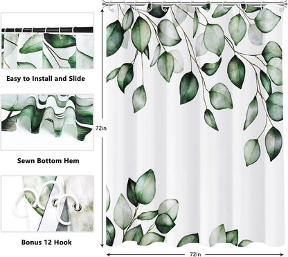 Shower Curtain Blue Eucalyptus Shower Curtains for Bathroom, Watercolor Leaf Shower Curtain Sets Waterproof Plant Shower Curtain Leaves Fabric Cloth Bathroom Curtains 72x72 inch with Hooks