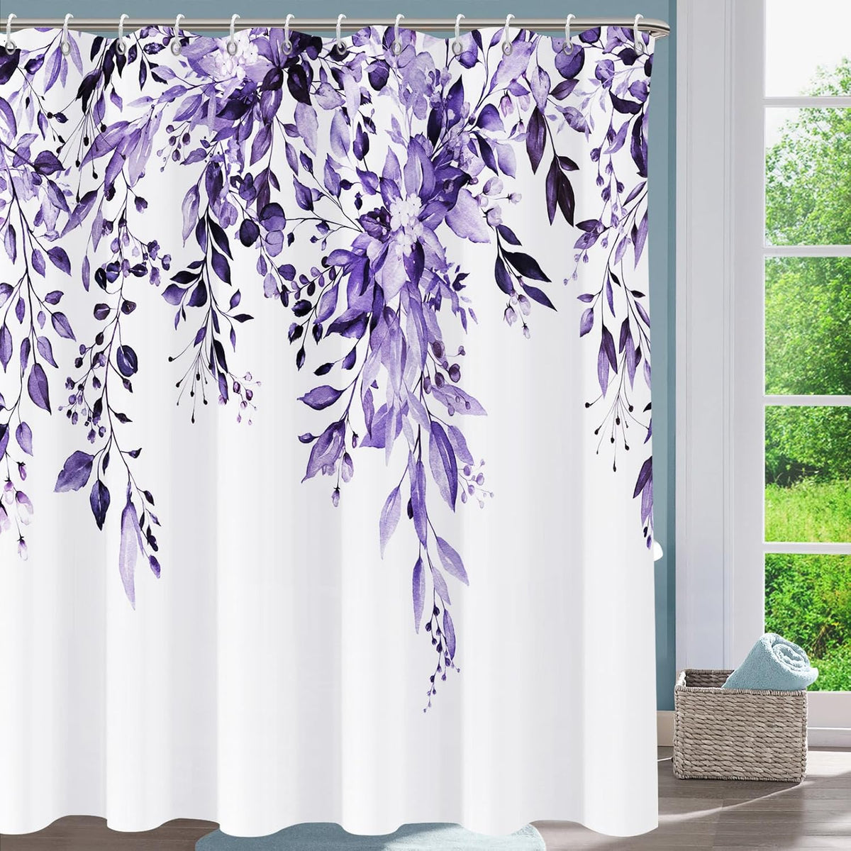 Shower Curtain Blue Eucalyptus Shower Curtains for Bathroom, Watercolor Leaf Shower Curtain Sets Waterproof Plant Shower Curtain Leaves Fabric Cloth Bathroom Curtains 72x72 inch with Hooks