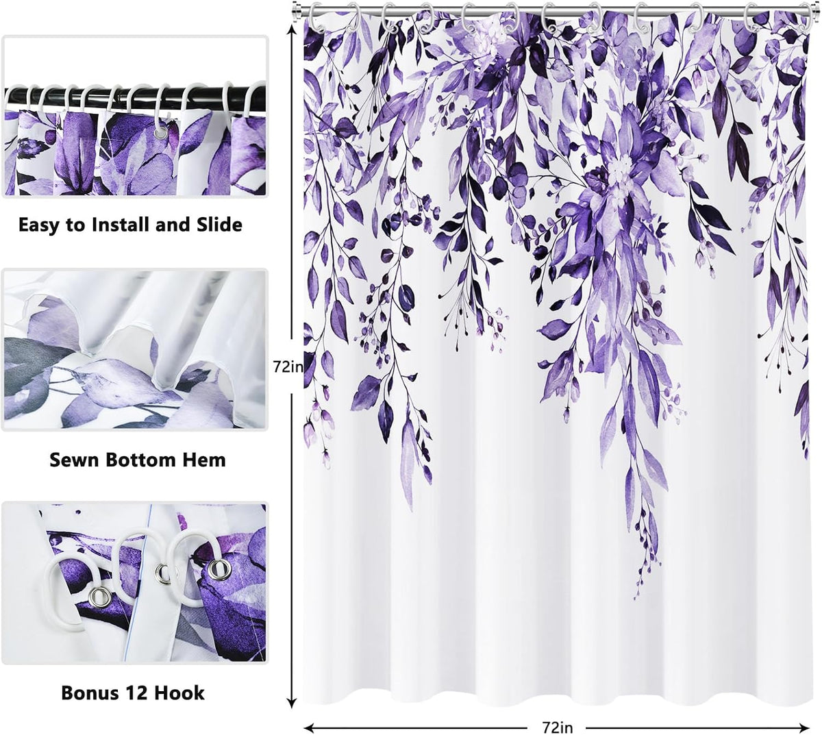Shower Curtain Blue Eucalyptus Shower Curtains for Bathroom, Watercolor Leaf Shower Curtain Sets Waterproof Plant Shower Curtain Leaves Fabric Cloth Bathroom Curtains 72x72 inch with Hooks